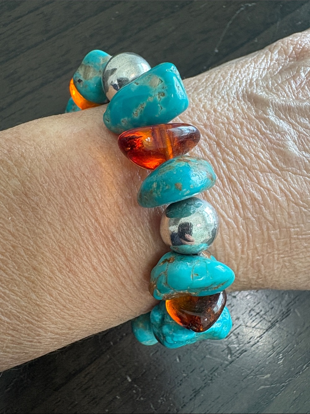 Turquoise & Amber Bead Stretch Bracelet - Sterling Silver Beads